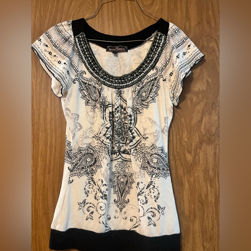 Almost Famous Cream and Black Beaded Scoop Neck Tunic